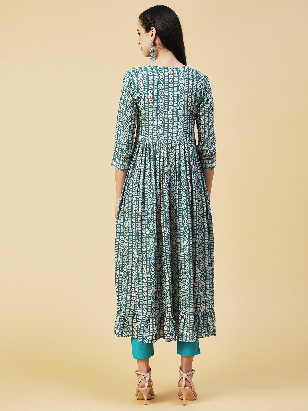 Ethnic Printed & Embroidered A-Line Kurta - Turquoise Blue - Indiakreations