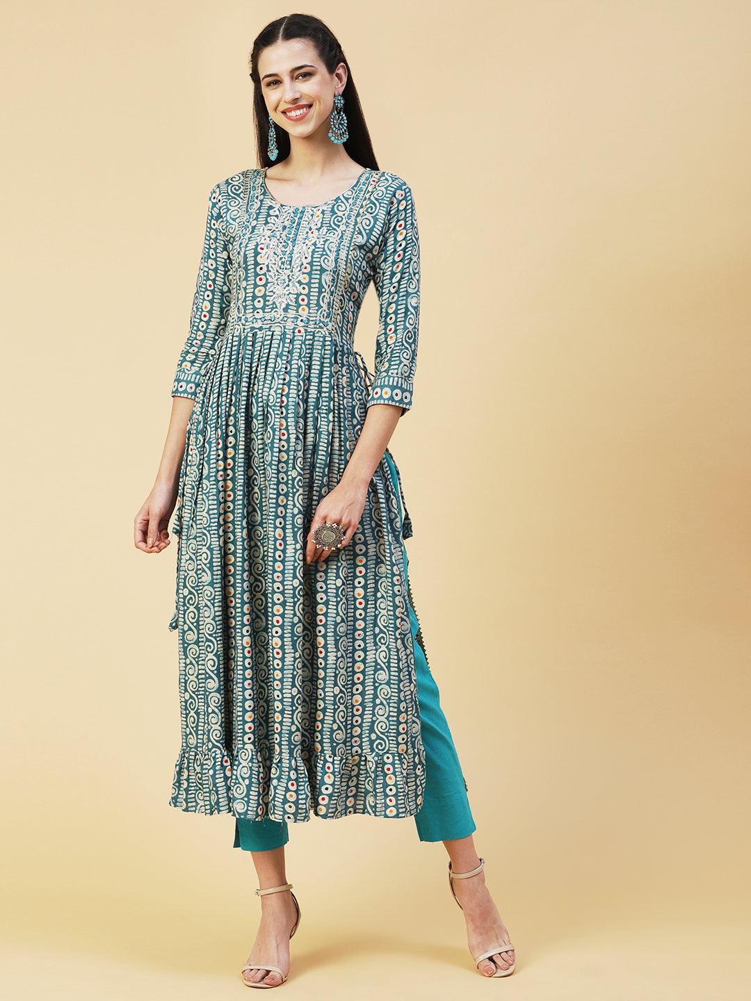 Ethnic Printed & Embroidered A-Line Kurta - Turquoise Blue - Indiakreations