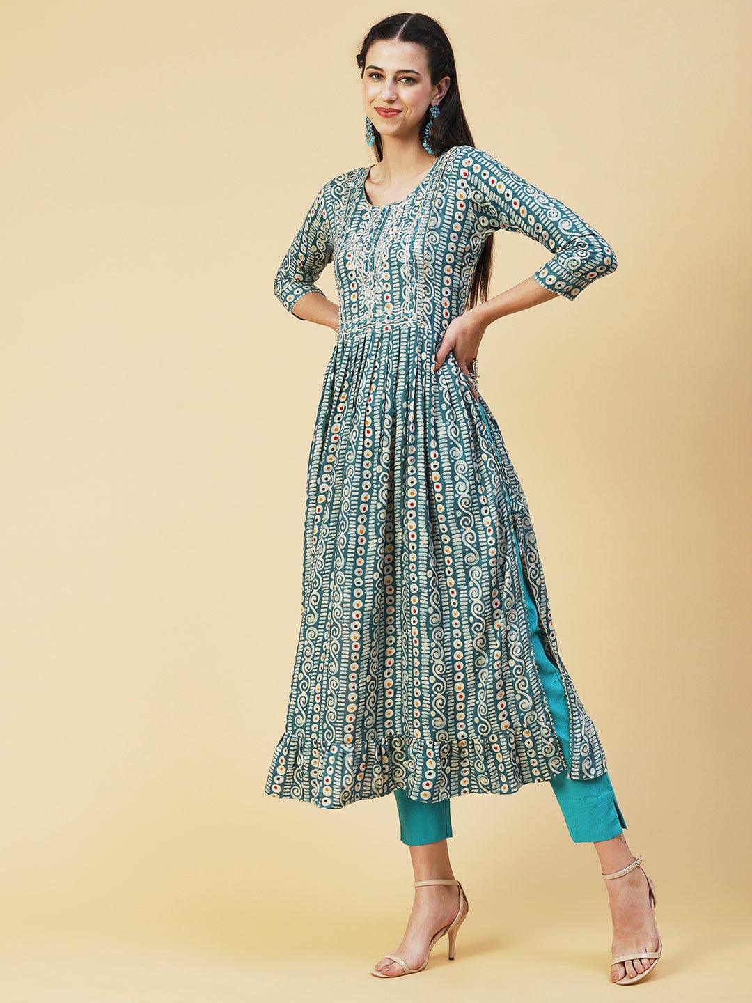 Ethnic Printed & Embroidered A-Line Kurta - Turquoise Blue - Indiakreations