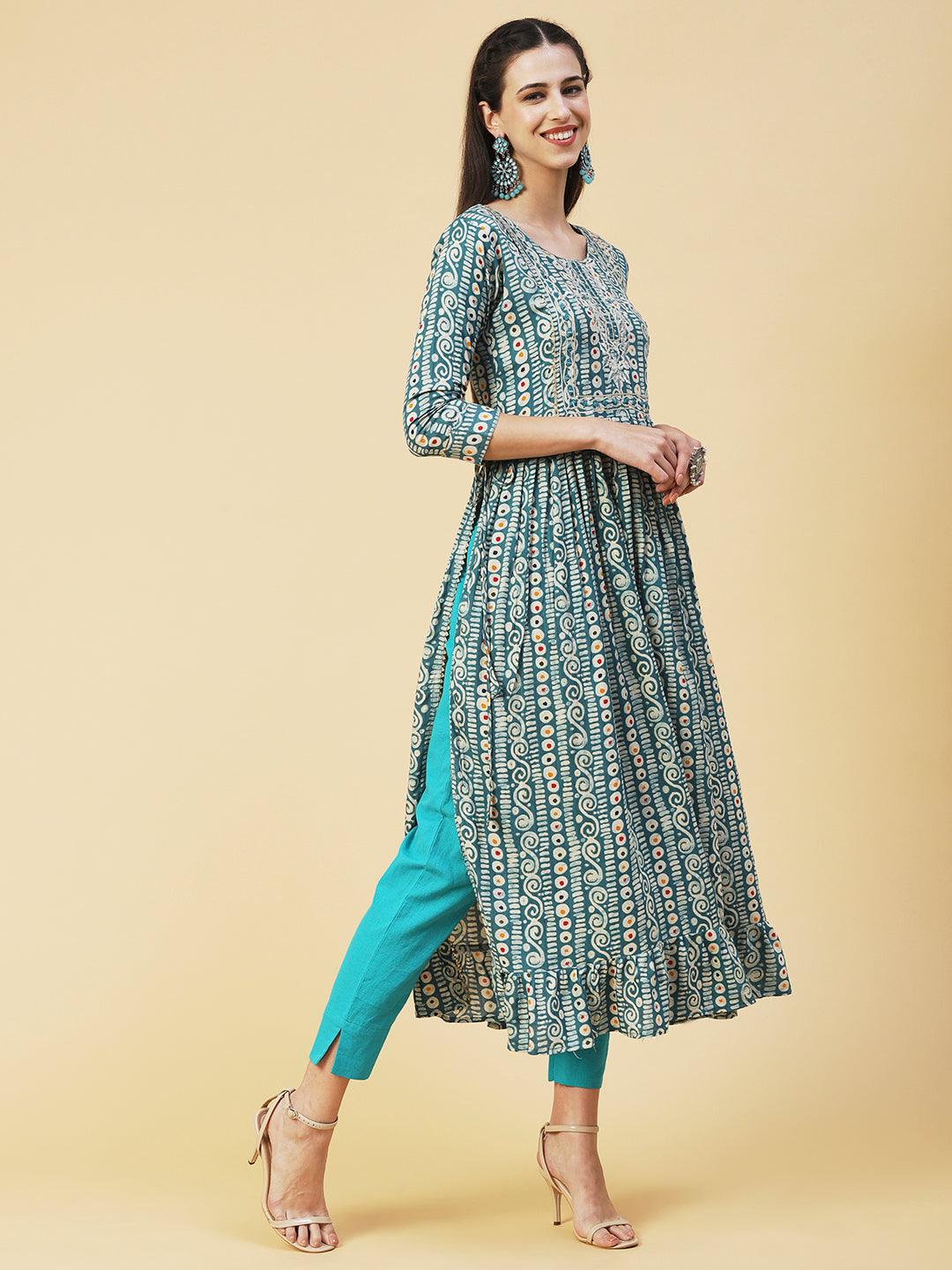 Ethnic Printed & Embroidered A-Line Kurta - Turquoise Blue - Indiakreations