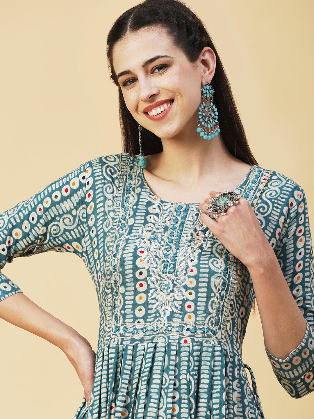 Ethnic Printed & Embroidered A-Line Kurta - Turquoise Blue - Indiakreations