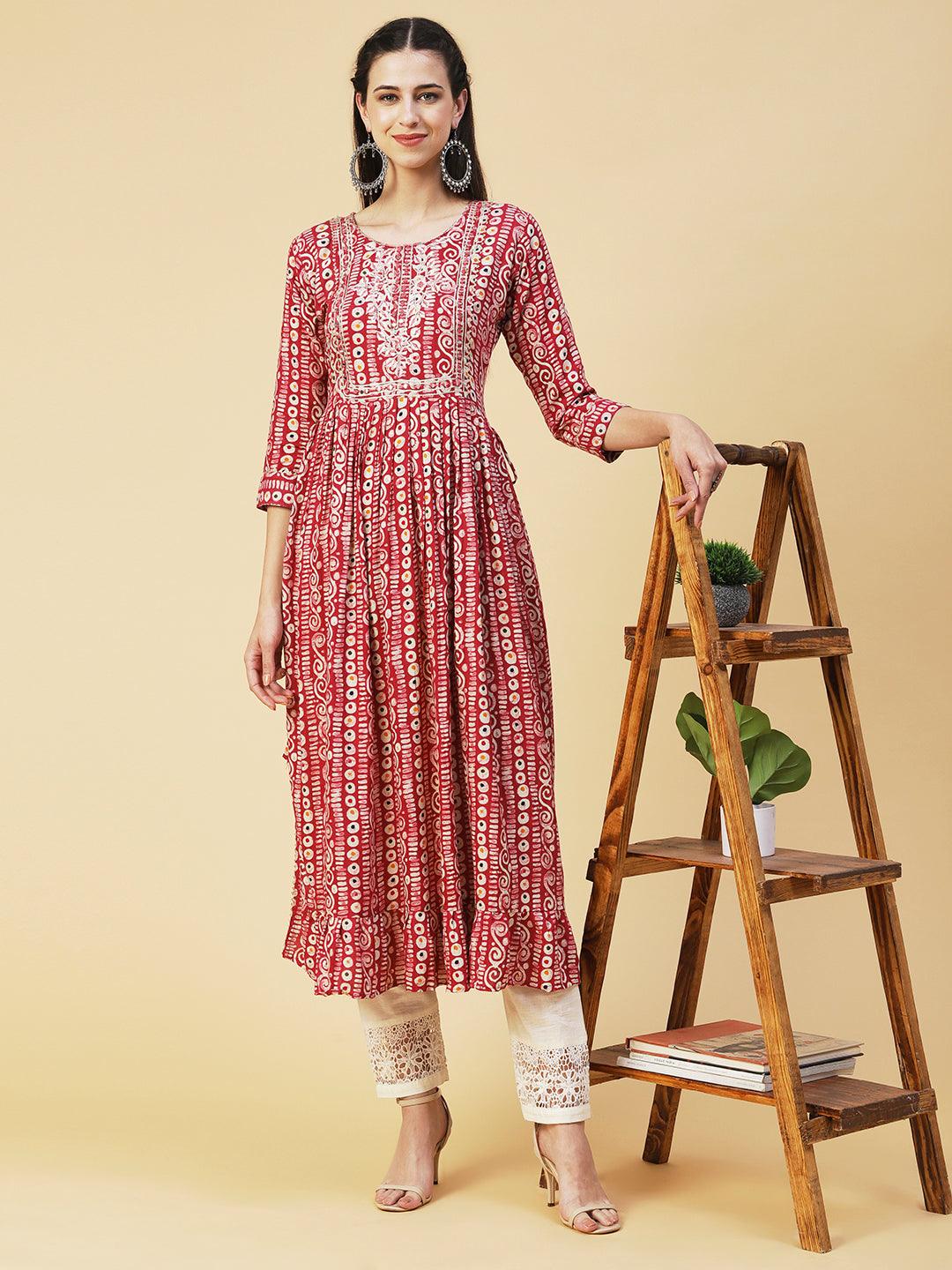 Ethnic Printed & Embroidered A-Line Kurta - Pink - Indiakreations