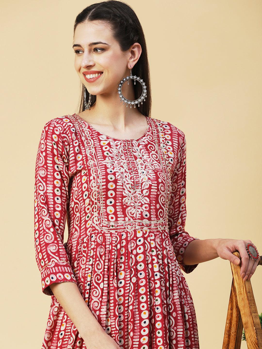 Ethnic Printed & Embroidered A-Line Kurta - Pink - Indiakreations