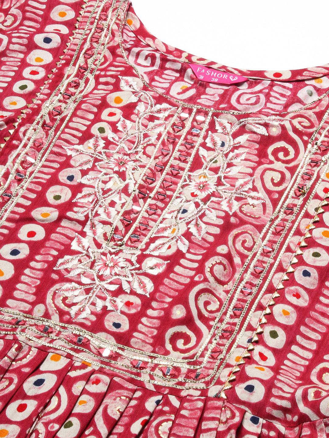 Ethnic Printed & Embroidered A-Line Kurta - Pink - Indiakreations