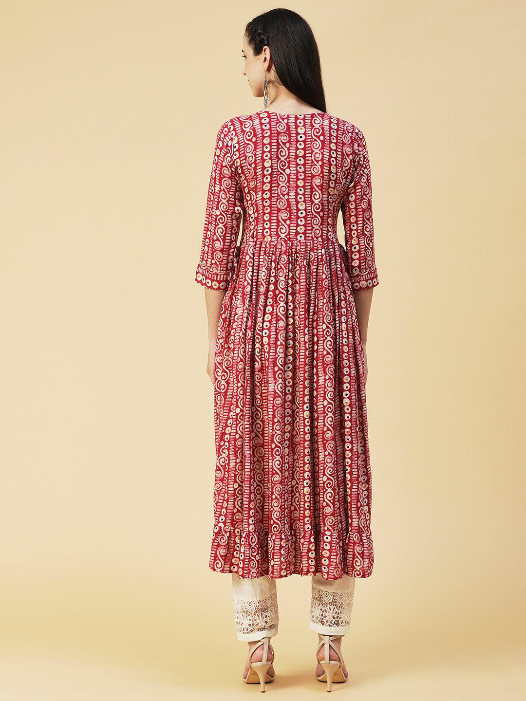 Ethnic Printed & Embroidered A-Line Kurta - Pink - Indiakreations