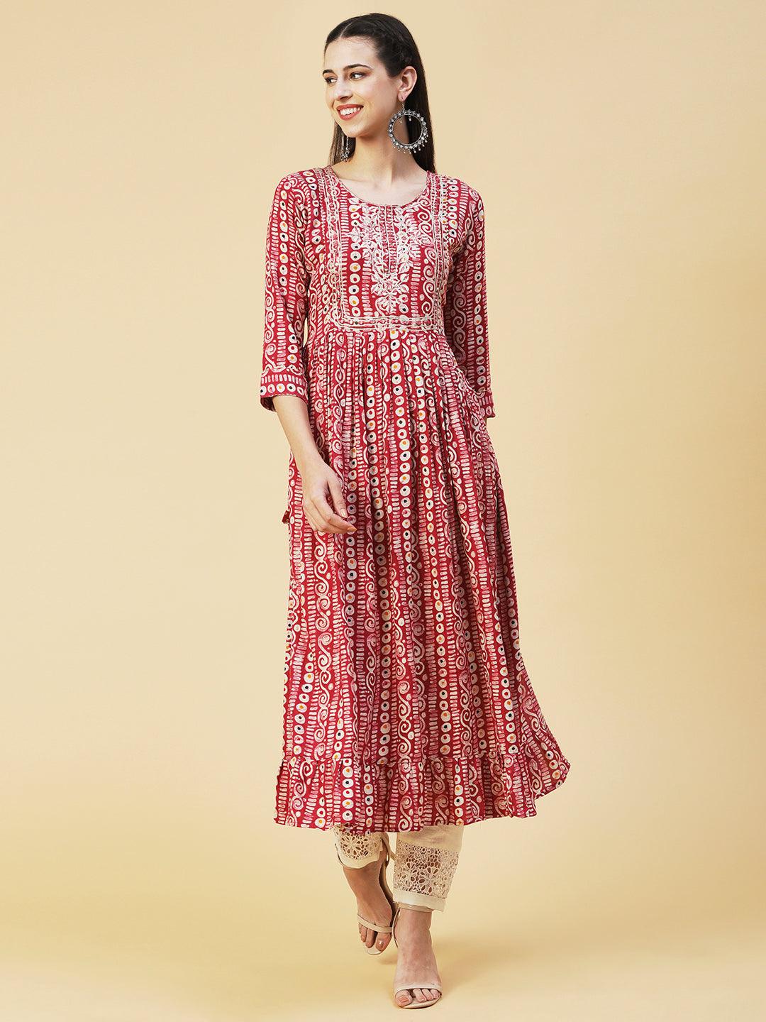 Ethnic Printed & Embroidered A-Line Kurta - Pink - Indiakreations