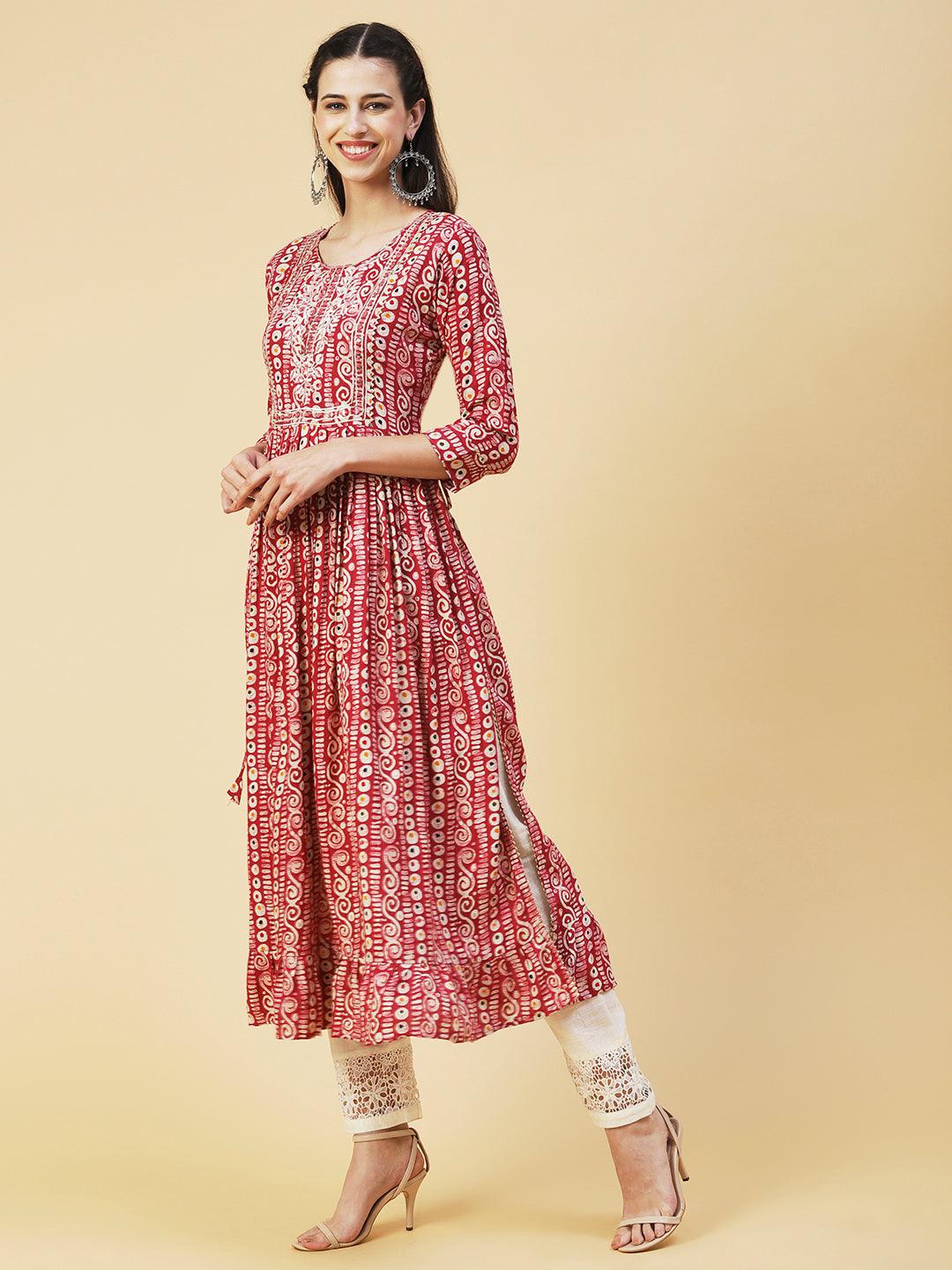 Ethnic Printed & Embroidered A-Line Kurta - Pink - Indiakreations