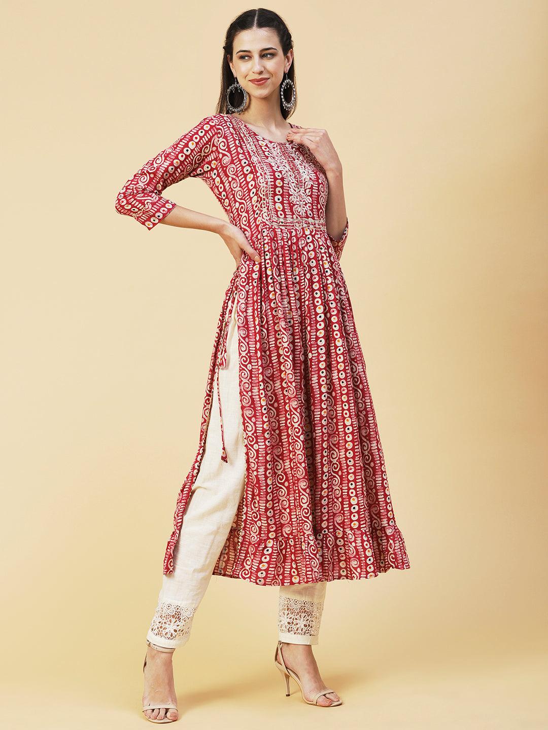 Ethnic Printed & Embroidered A-Line Kurta - Pink - Indiakreations