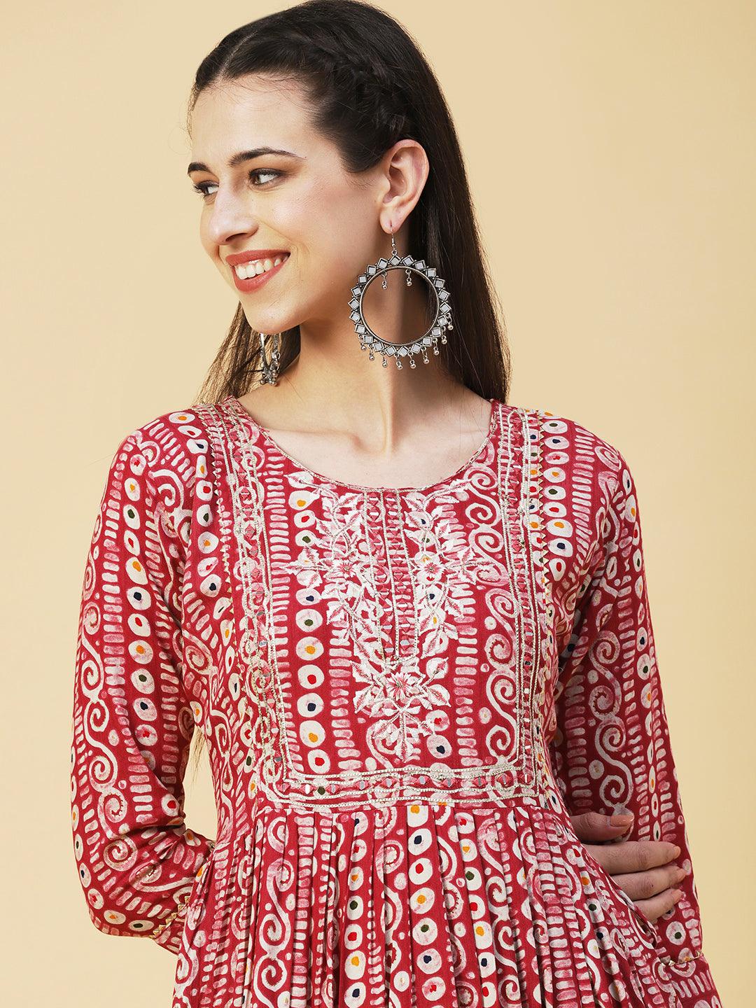 Ethnic Printed & Embroidered A-Line Kurta - Pink - Indiakreations