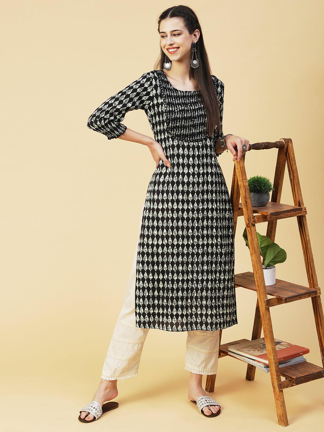 Abstract Mirror Embroidered Smocked Kurta - Black - Indiakreations