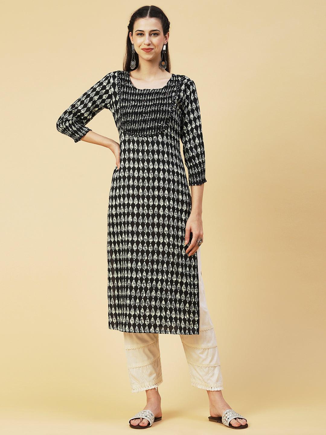 Abstract Mirror Embroidered Smocked Kurta - Black - Indiakreations