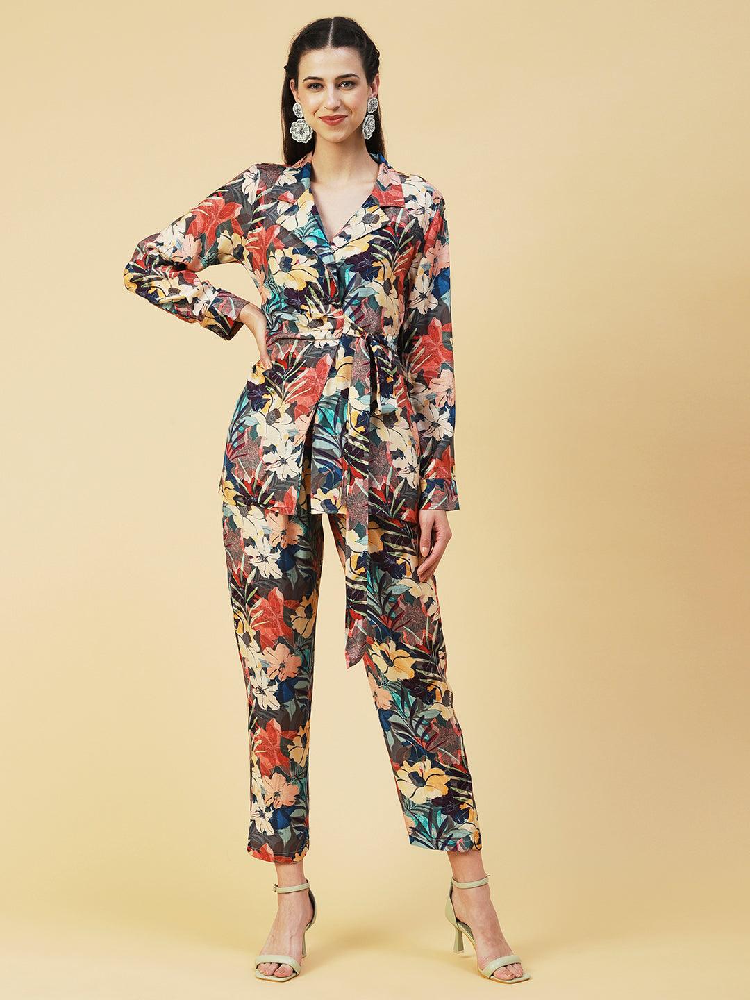 Floral Printed Shirt With Pants Co-ord Set - Multi - Indiakreations