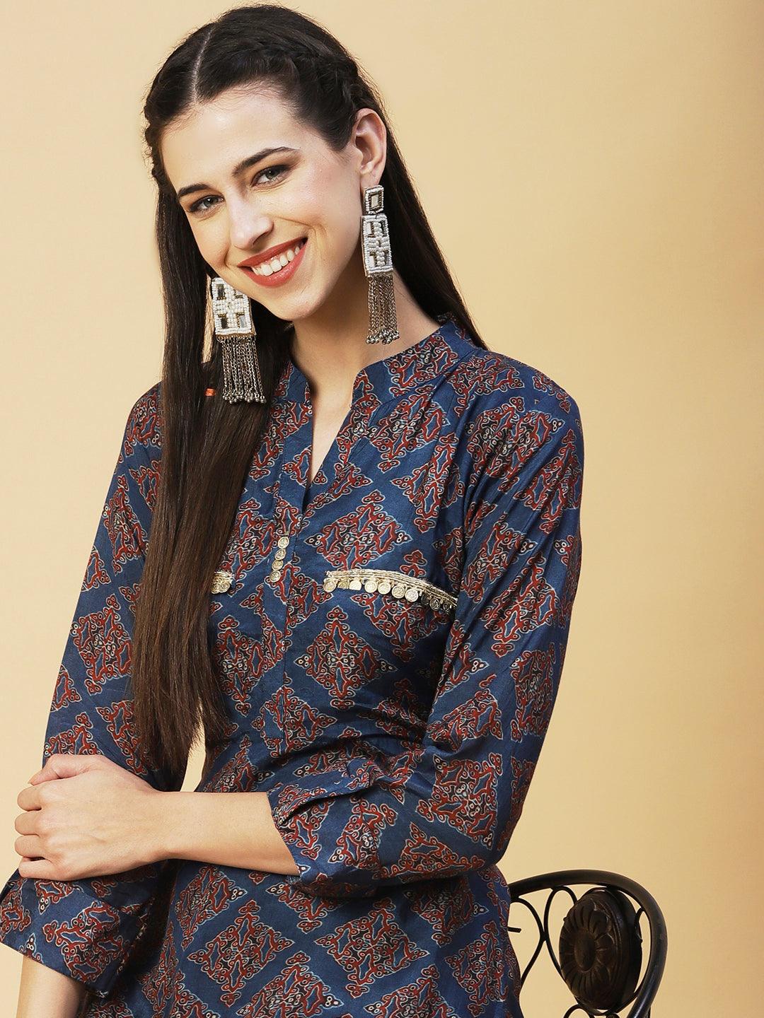 Ajarak Printed Hand Embroidered Asymmetric Hem Kurta With Pants - Indigo Blue - Indiakreations