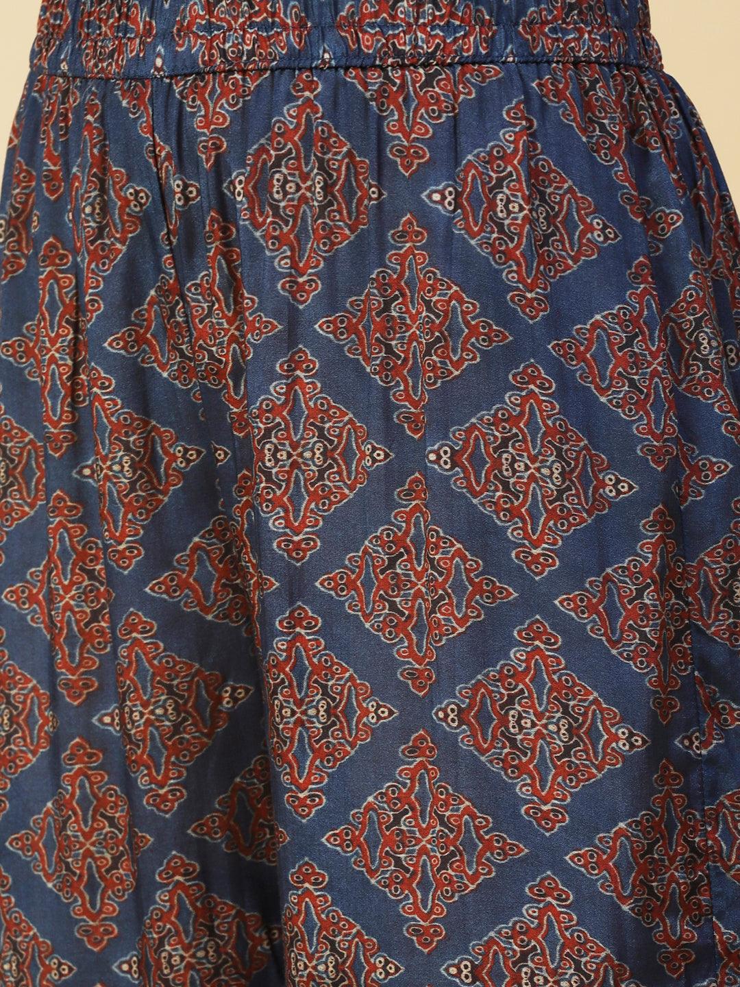 Ajarak Printed Hand Embroidered Asymmetric Hem Kurta With Pants - Indigo Blue - Indiakreations