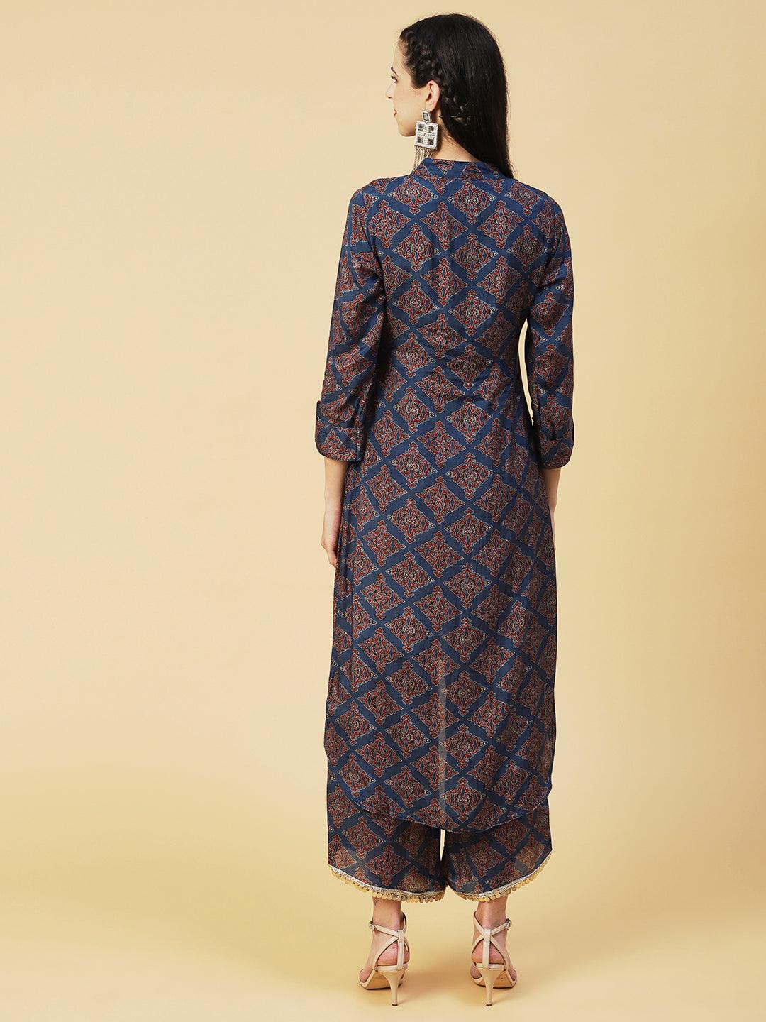 Ajarak Printed Hand Embroidered Asymmetric Hem Kurta With Pants - Indigo Blue - Indiakreations