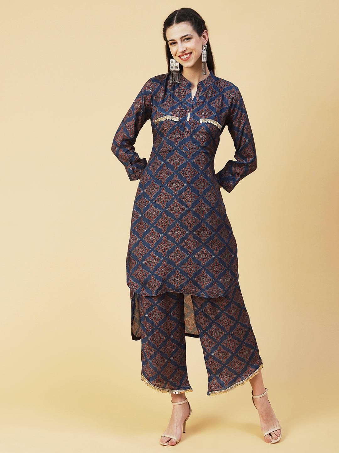 Ajarak Printed Hand Embroidered Asymmetric Hem Kurta With Pants - Indigo Blue - Indiakreations