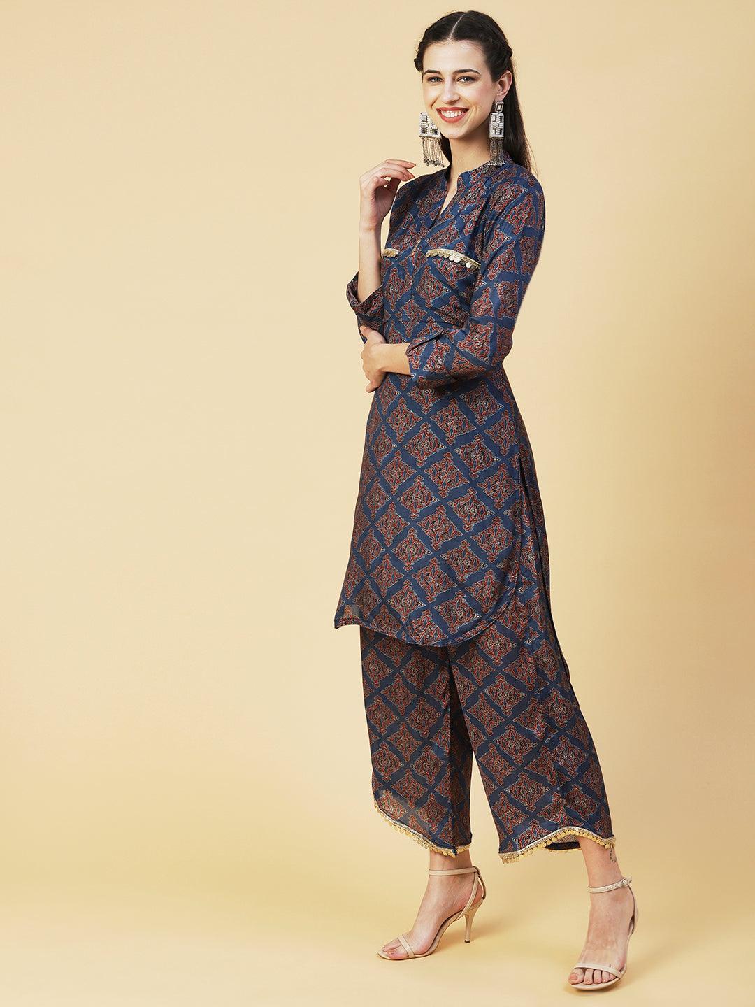 Ajarak Printed Hand Embroidered Asymmetric Hem Kurta With Pants - Indigo Blue - Indiakreations