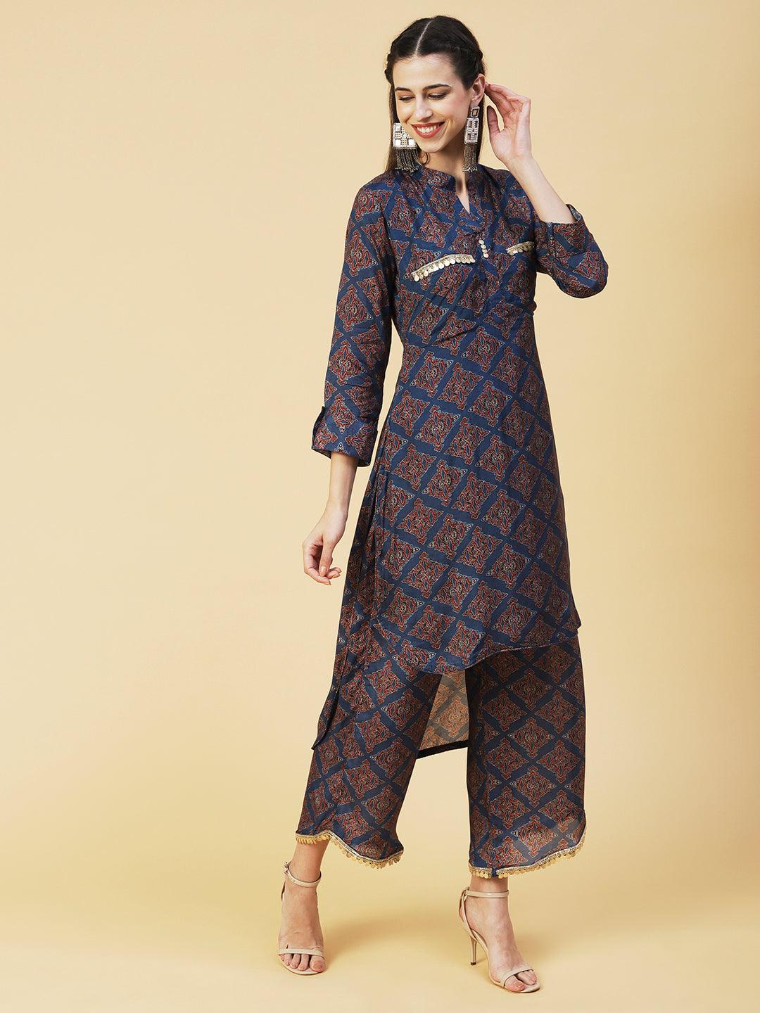 Ajarak Printed Hand Embroidered Asymmetric Hem Kurta With Pants - Indigo Blue - Indiakreations