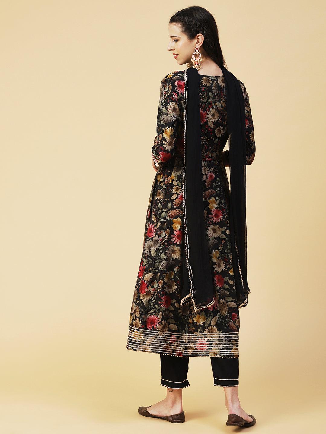 Floral Printed Hand Embroidered Kurta With Pants & Dupatta - Black - Indiakreations