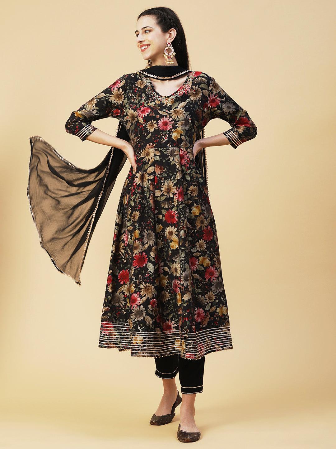 Floral Printed Hand Embroidered Kurta With Pants & Dupatta - Black - Indiakreations