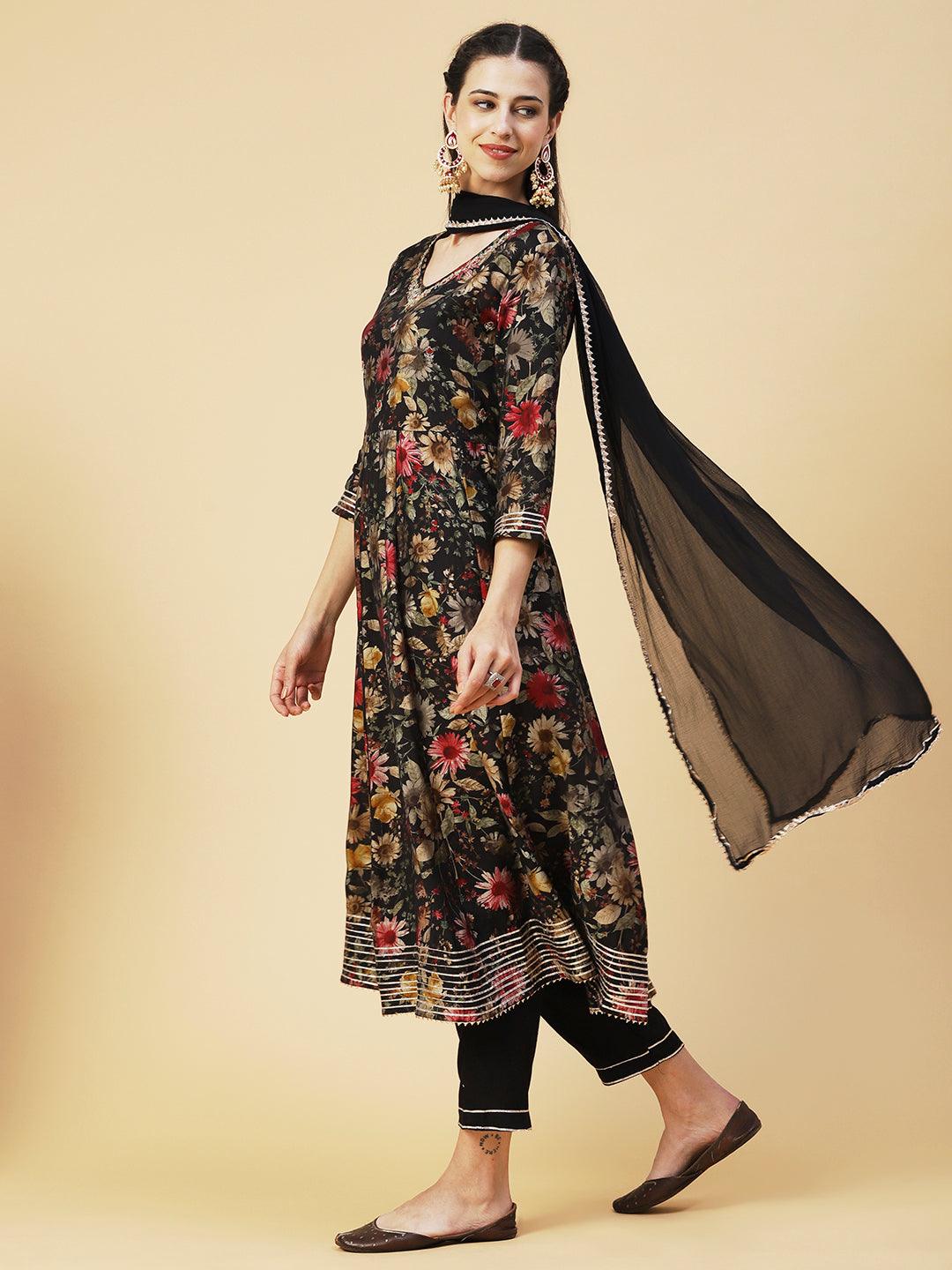 Floral Printed Hand Embroidered Kurta With Pants & Dupatta - Black - Indiakreations