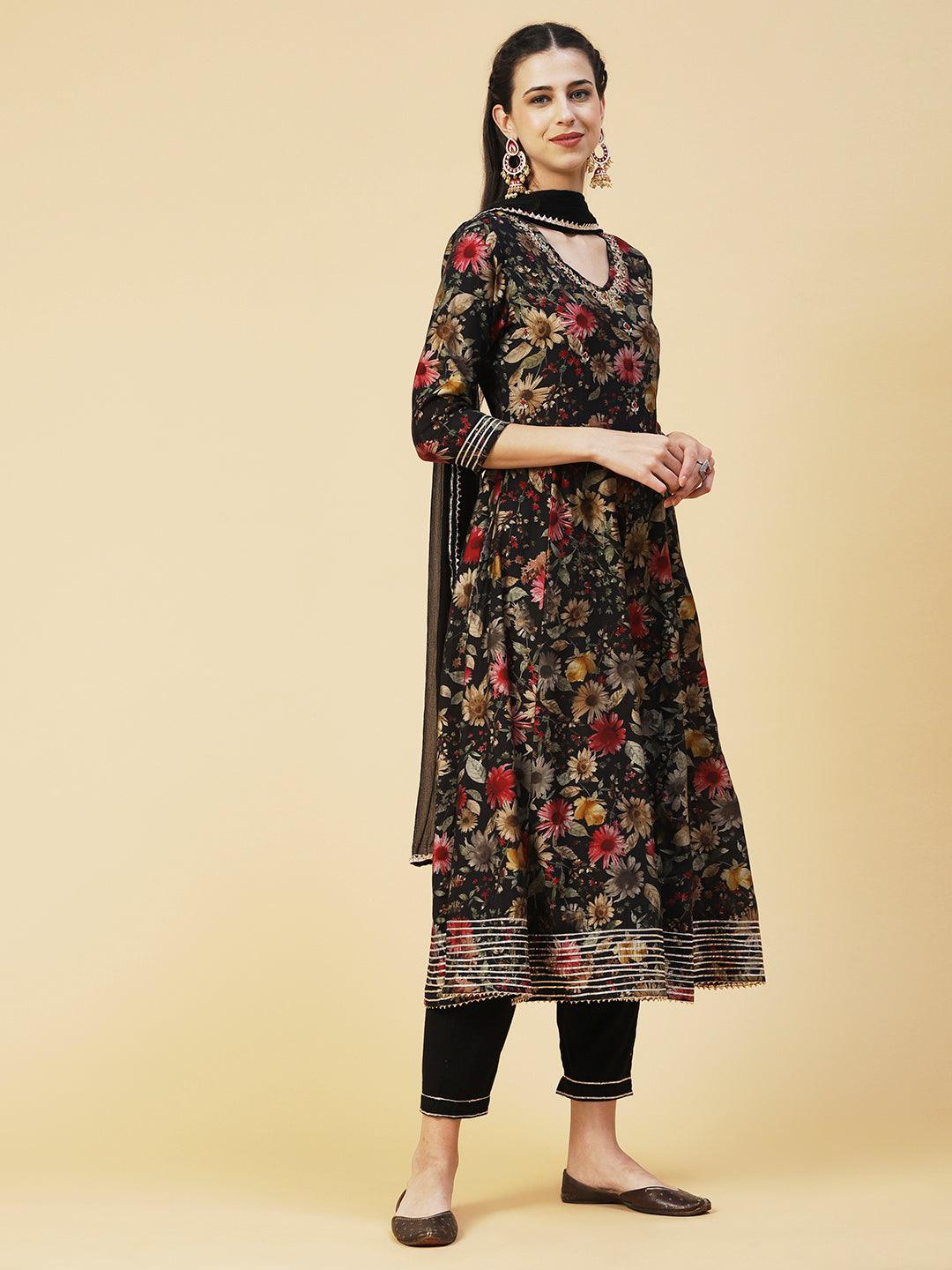 Floral Printed Hand Embroidered Kurta With Pants & Dupatta - Black - Indiakreations