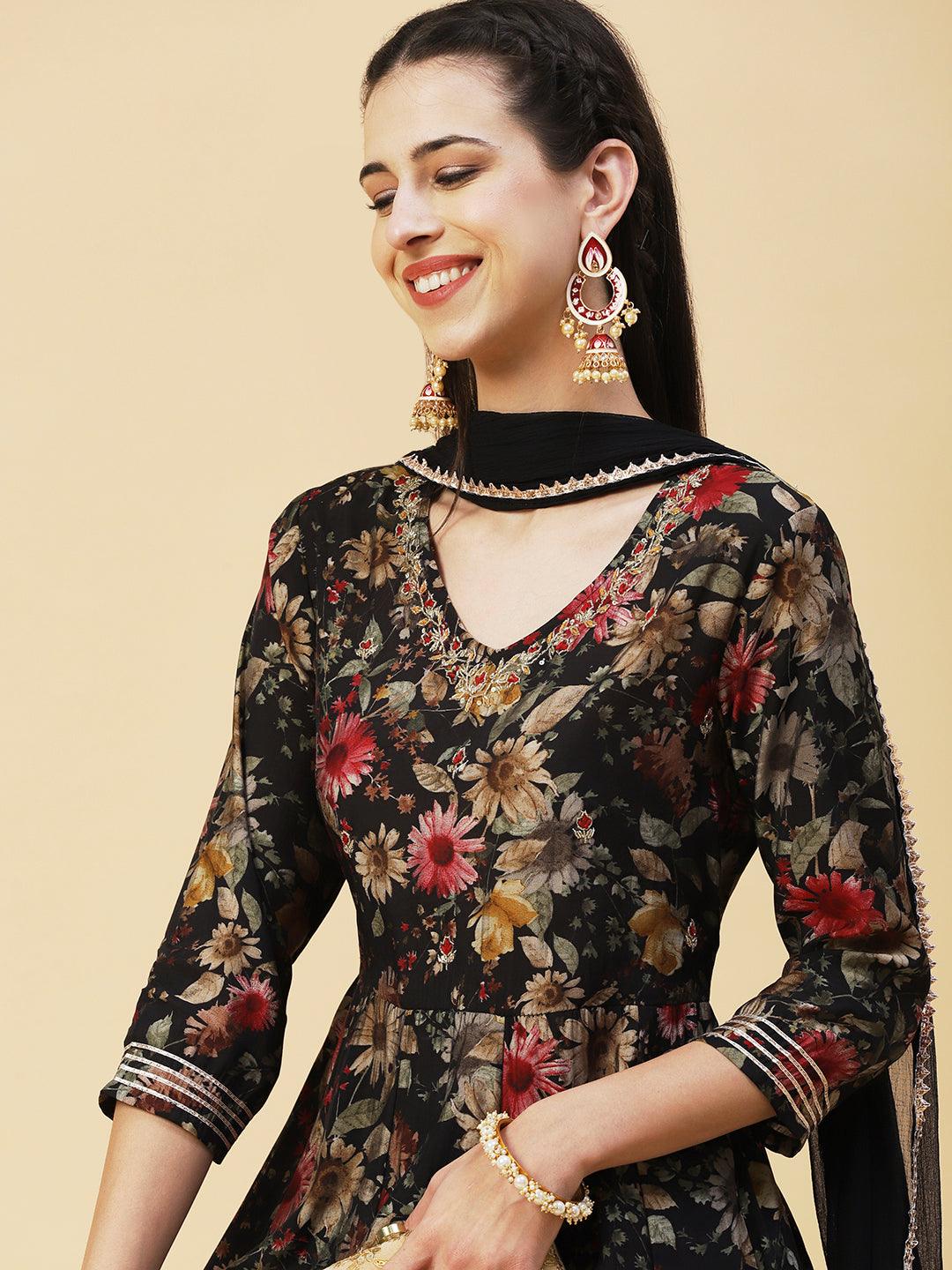 Floral Printed Hand Embroidered Kurta With Pants & Dupatta - Black - Indiakreations