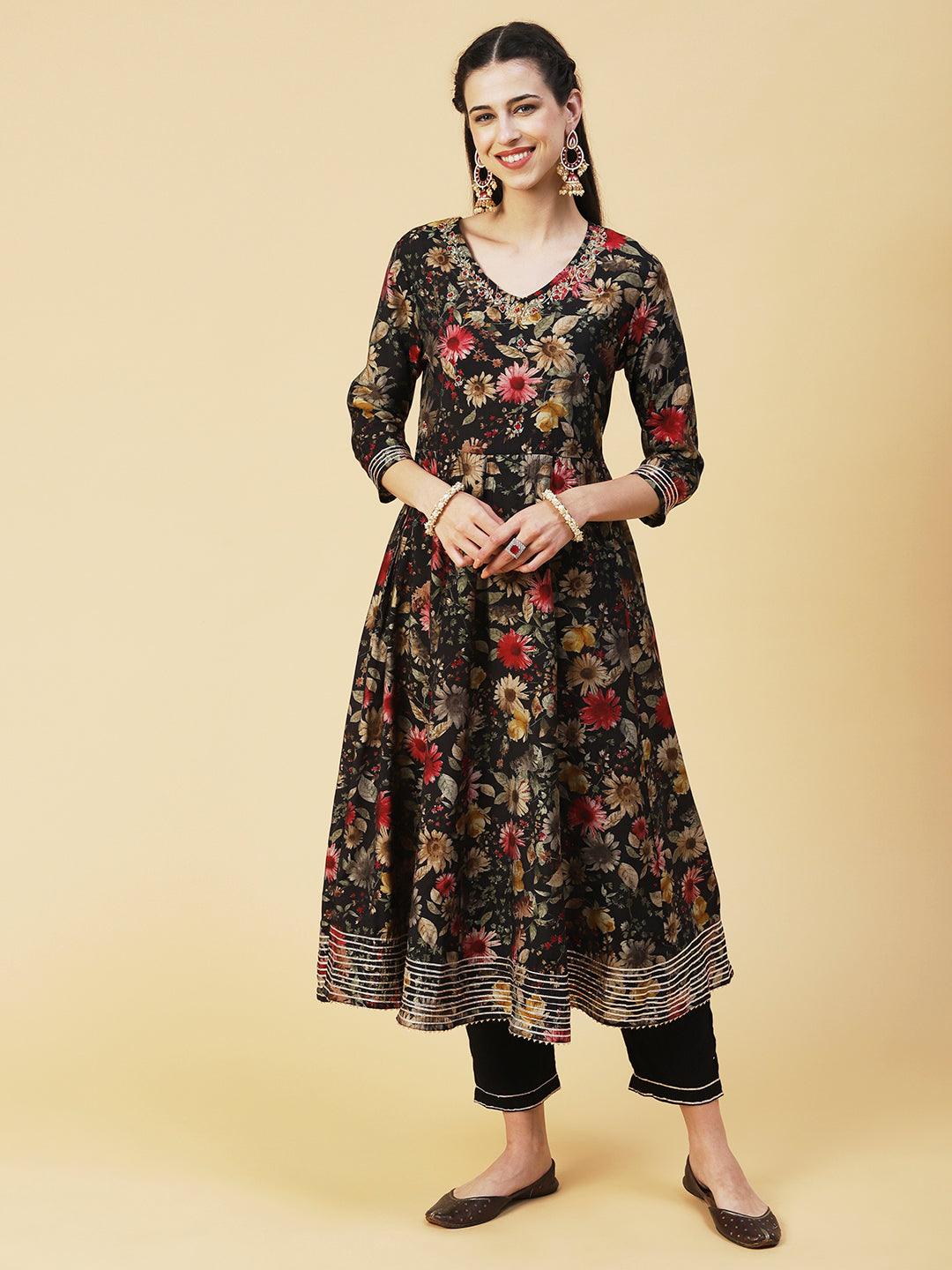 Floral Printed Hand Embroidered Kurta With Pants & Dupatta - Black - Indiakreations