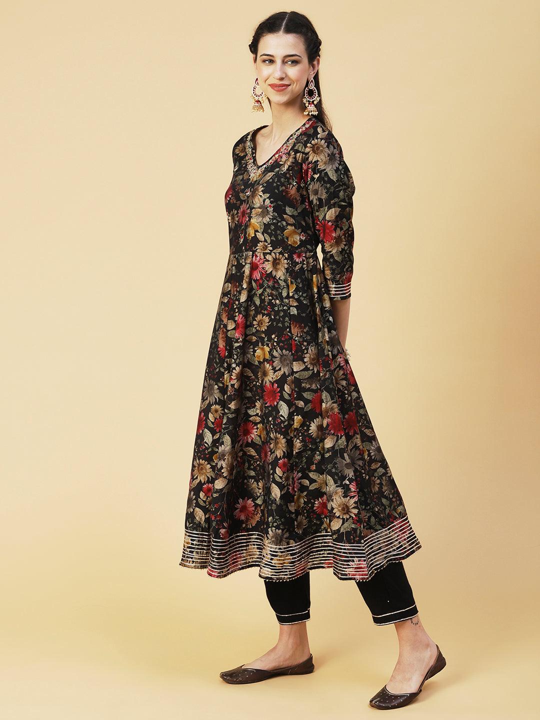 Floral Printed Hand Embroidered Kurta With Pants & Dupatta - Black - Indiakreations