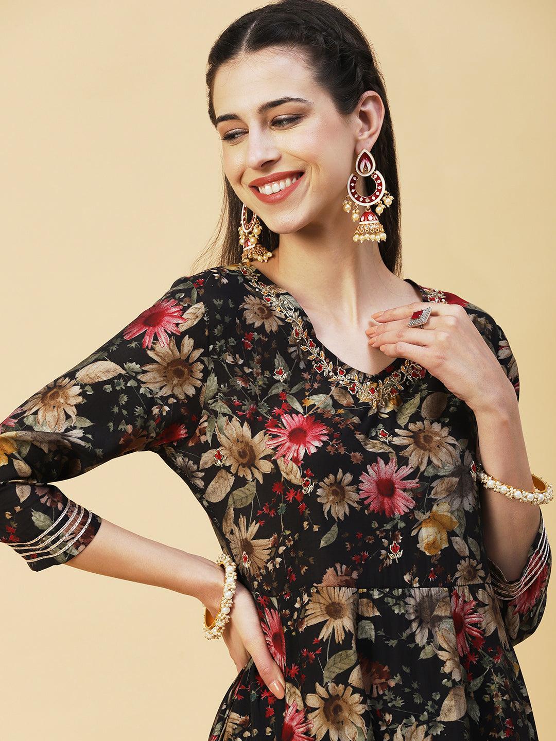 Floral Printed Hand Embroidered Kurta With Pants & Dupatta - Black - Indiakreations