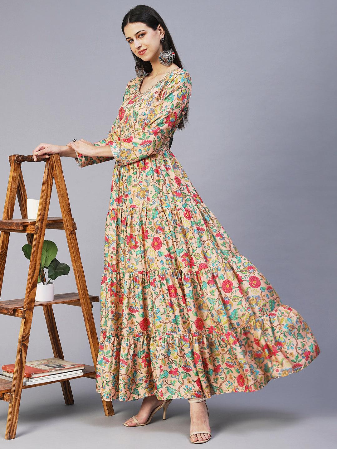 Floral Printed & Hand Embroidered Tiered Fit & Flare Maxi Dress - Peach - Indiakreations