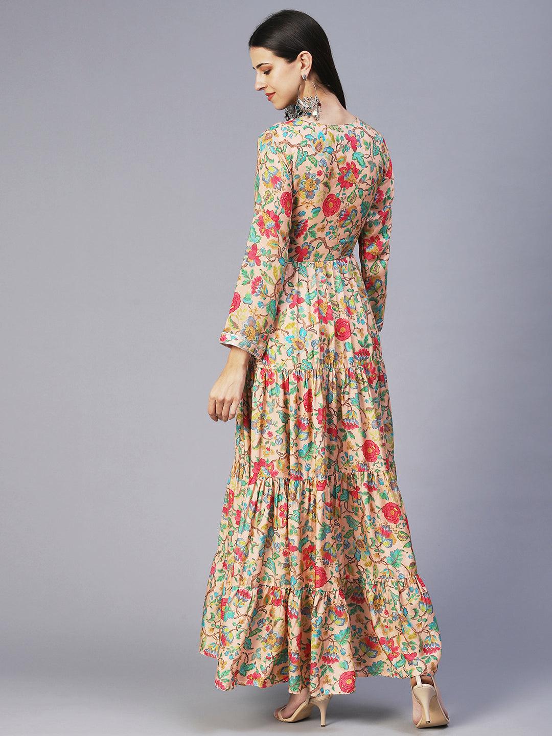 Floral Printed & Hand Embroidered Tiered Fit & Flare Maxi Dress - Peach - Indiakreations