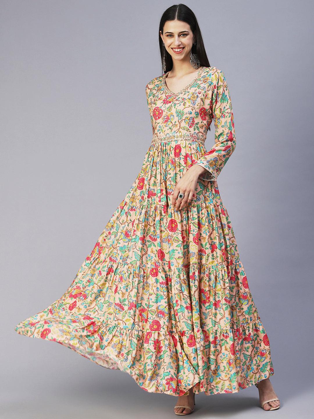 Floral Printed & Hand Embroidered Tiered Fit & Flare Maxi Dress - Peach - Indiakreations