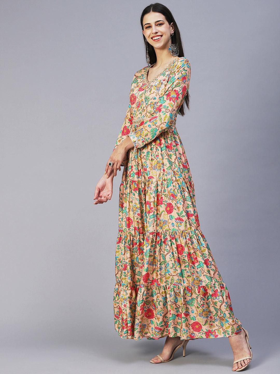 Floral Printed & Hand Embroidered Tiered Fit & Flare Maxi Dress - Peach - Indiakreations