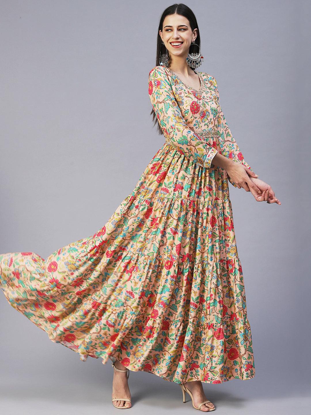 Floral Printed & Hand Embroidered Tiered Fit & Flare Maxi Dress - Peach - Indiakreations