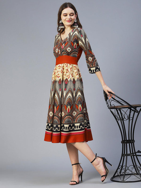 Abstract Bohemian Printed Midi Dress - Multi - Indiakreations