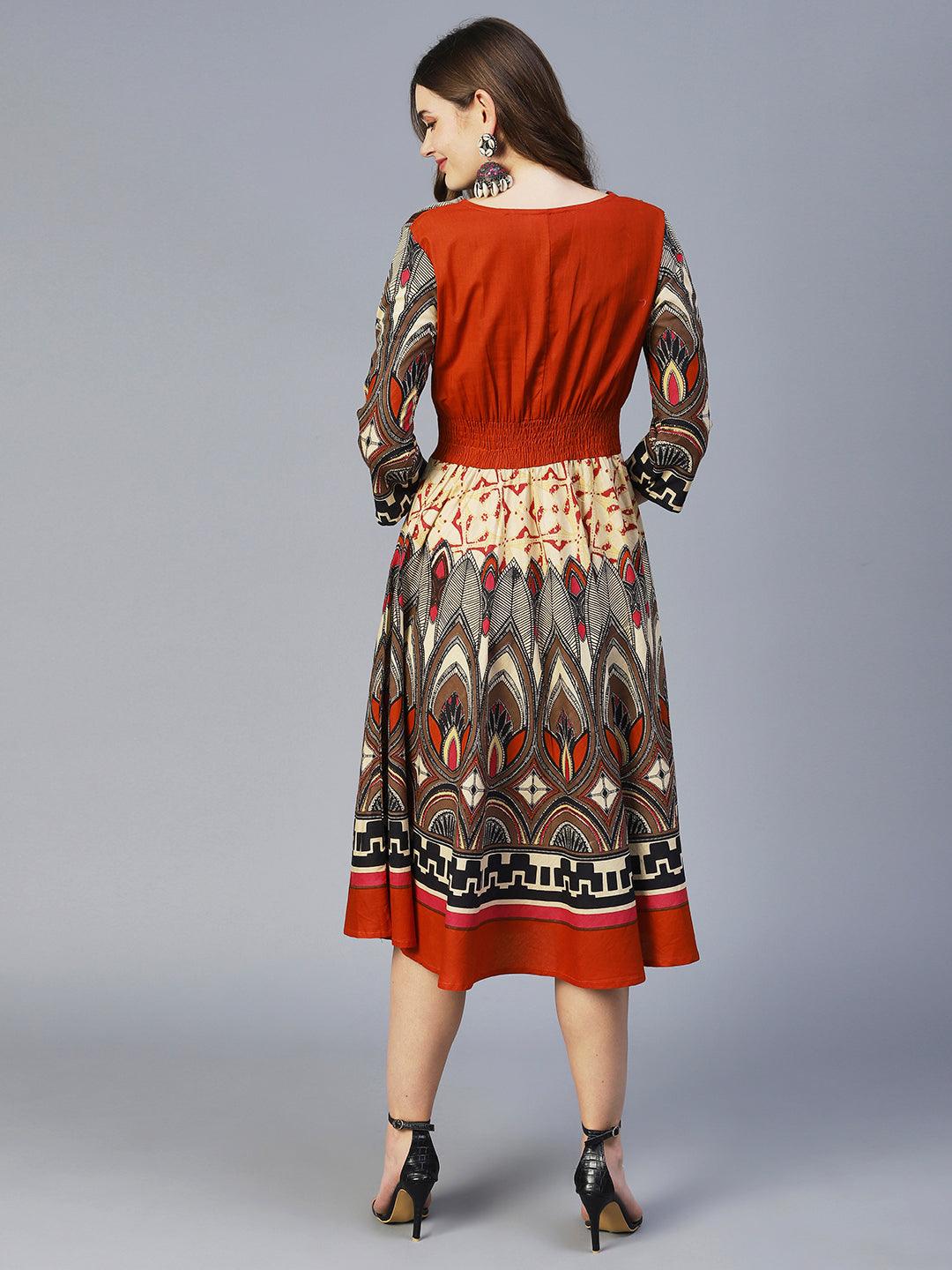 Abstract Bohemian Printed Midi Dress - Multi - Indiakreations