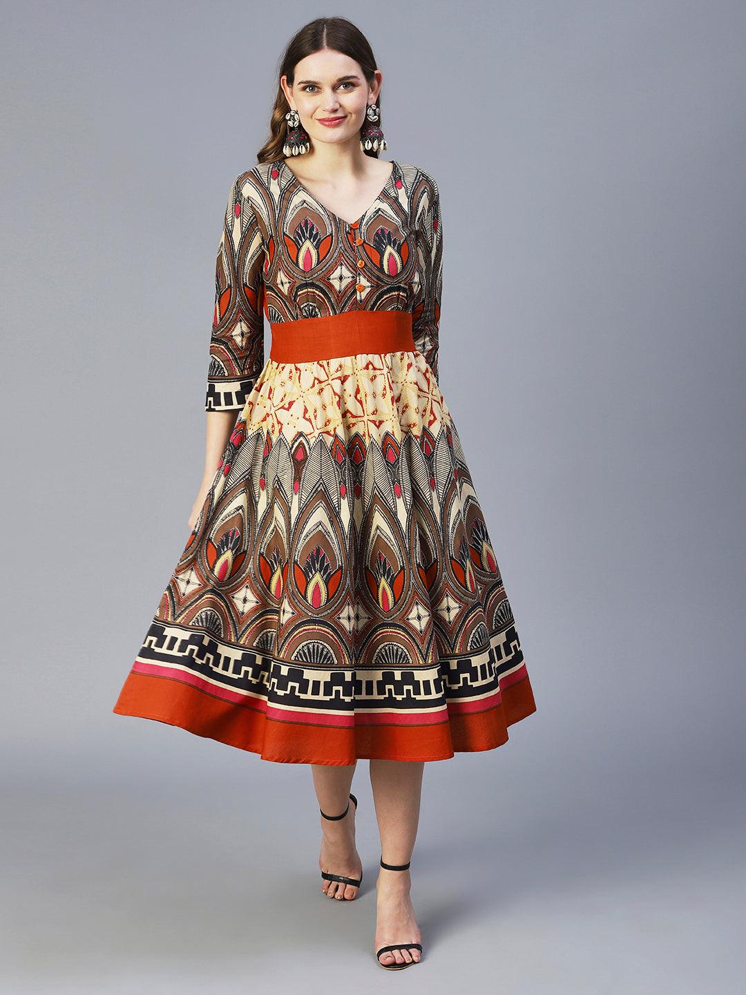 Abstract Bohemian Printed Midi Dress - Multi - Indiakreations