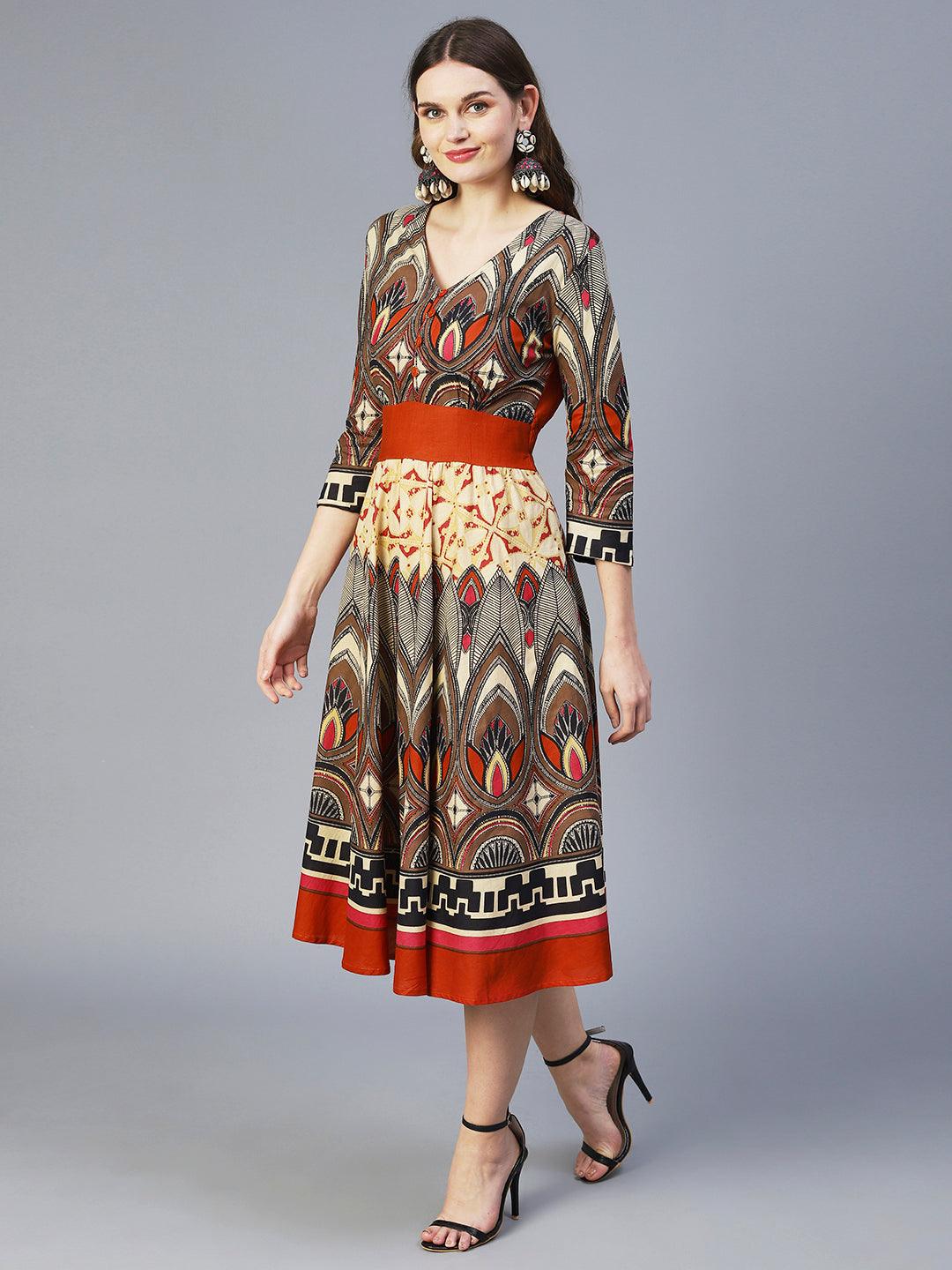 Abstract Bohemian Printed Midi Dress - Multi - Indiakreations