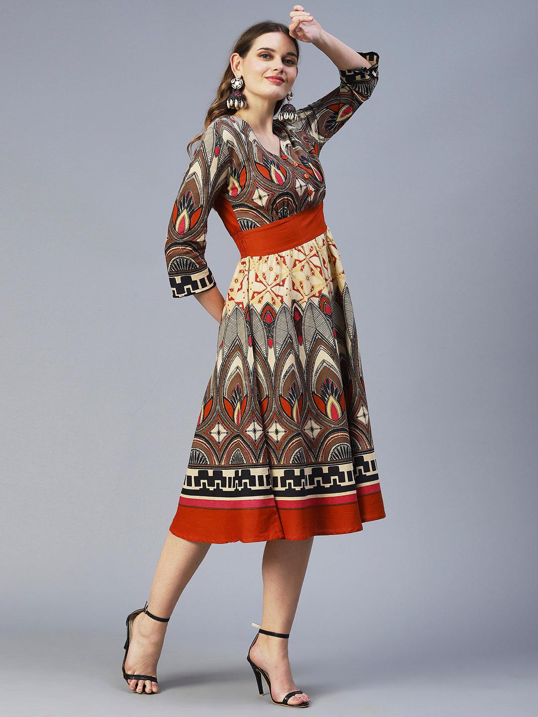 Abstract Bohemian Printed Midi Dress - Multi - Indiakreations