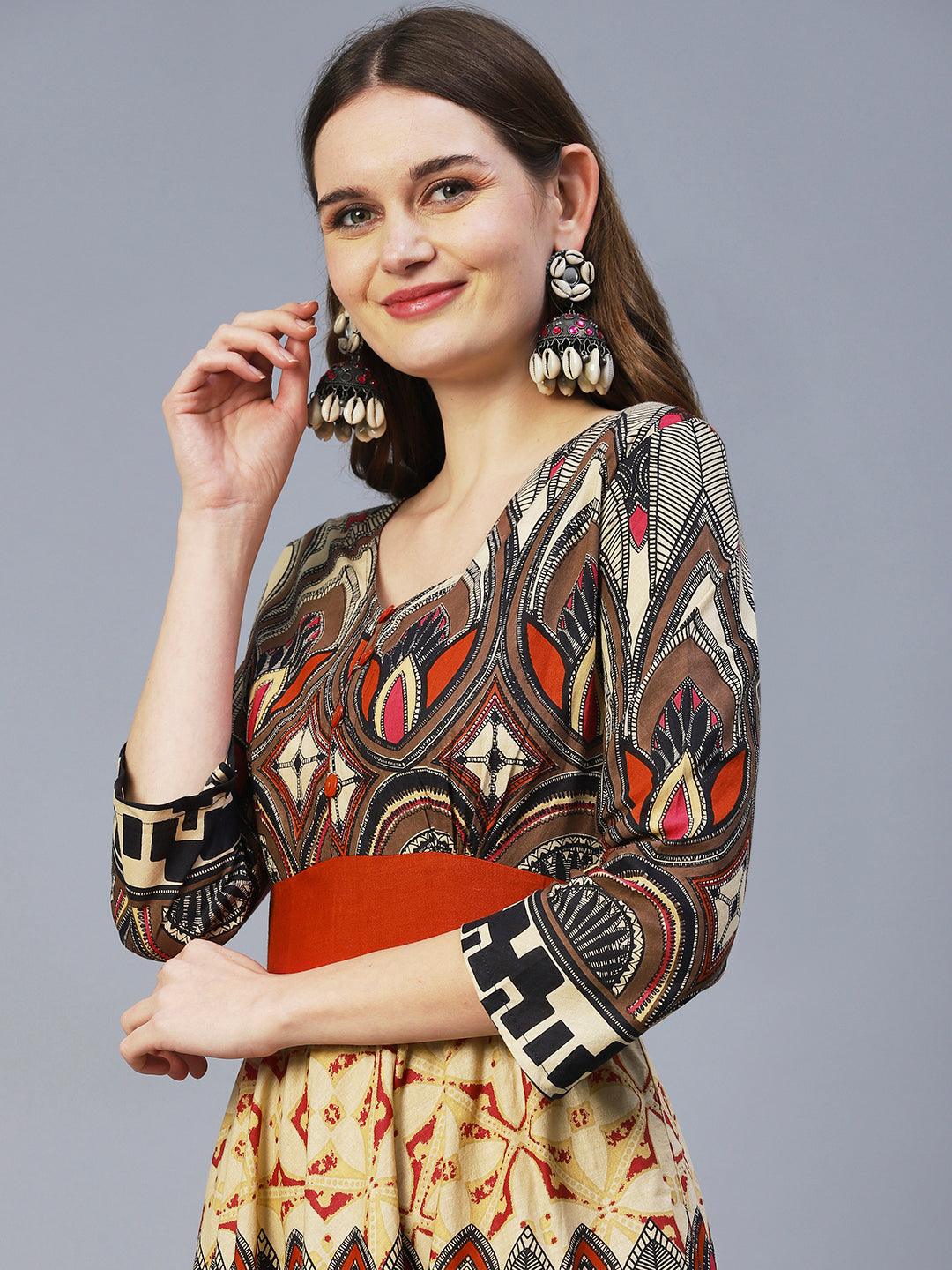 Abstract Bohemian Printed Midi Dress - Multi - Indiakreations