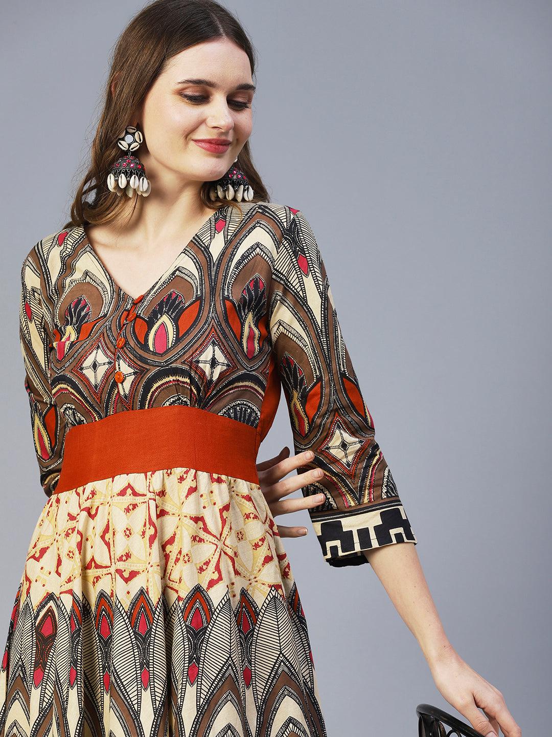 Abstract Bohemian Printed Midi Dress - Multi - Indiakreations