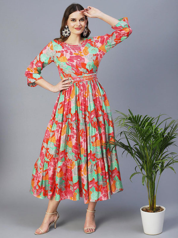 Floral Printed Tiered Dress With Embroidered Belt - Fuchsia & Multi - Indiakreations