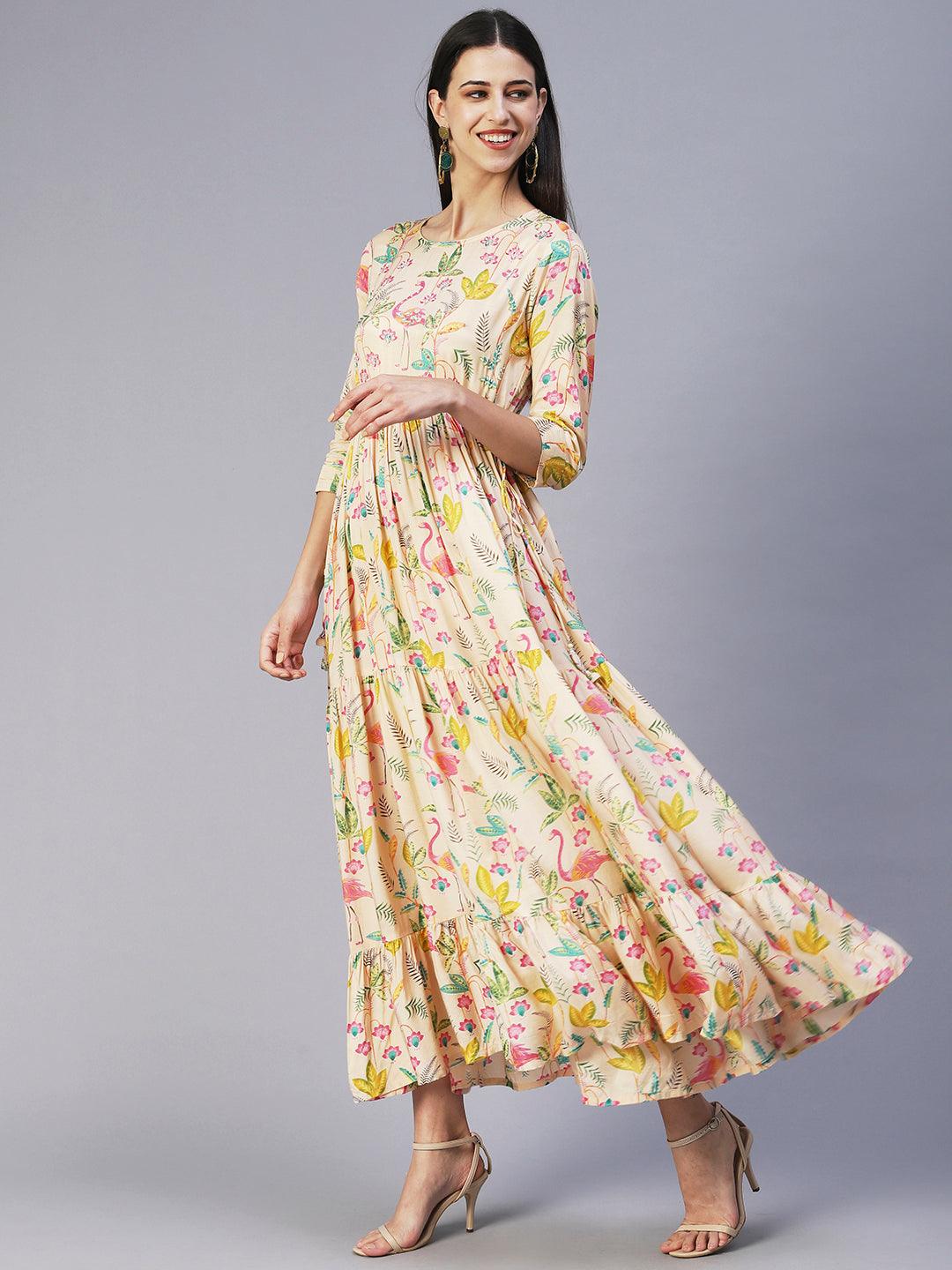 Floral Printed Beads & Sequins Embroidered Tiered Dress - Cream - Indiakreations