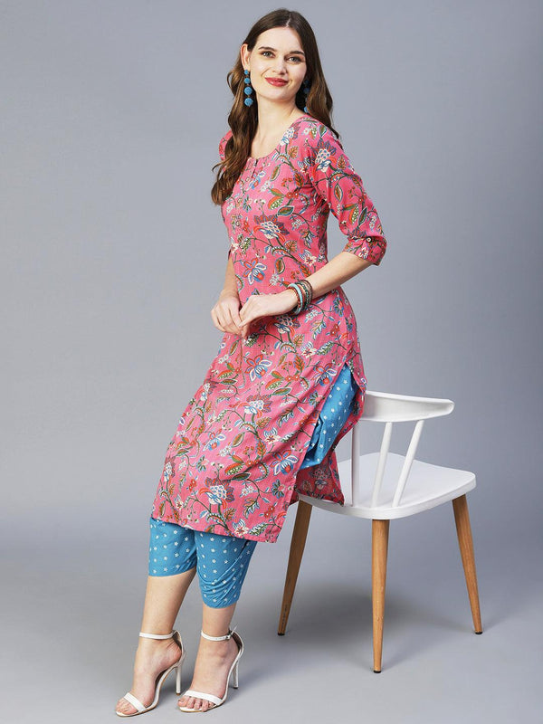 Floral Jaal Printed Kurta - Pink - Indiakreations