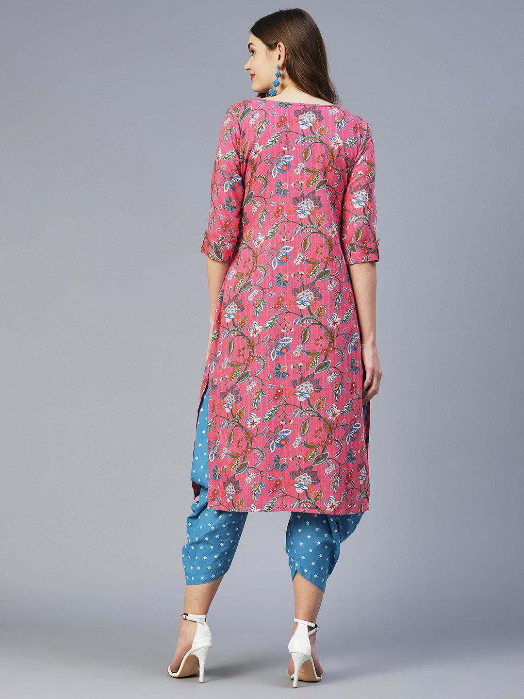 Floral Jaal Printed Kurta - Pink - Indiakreations