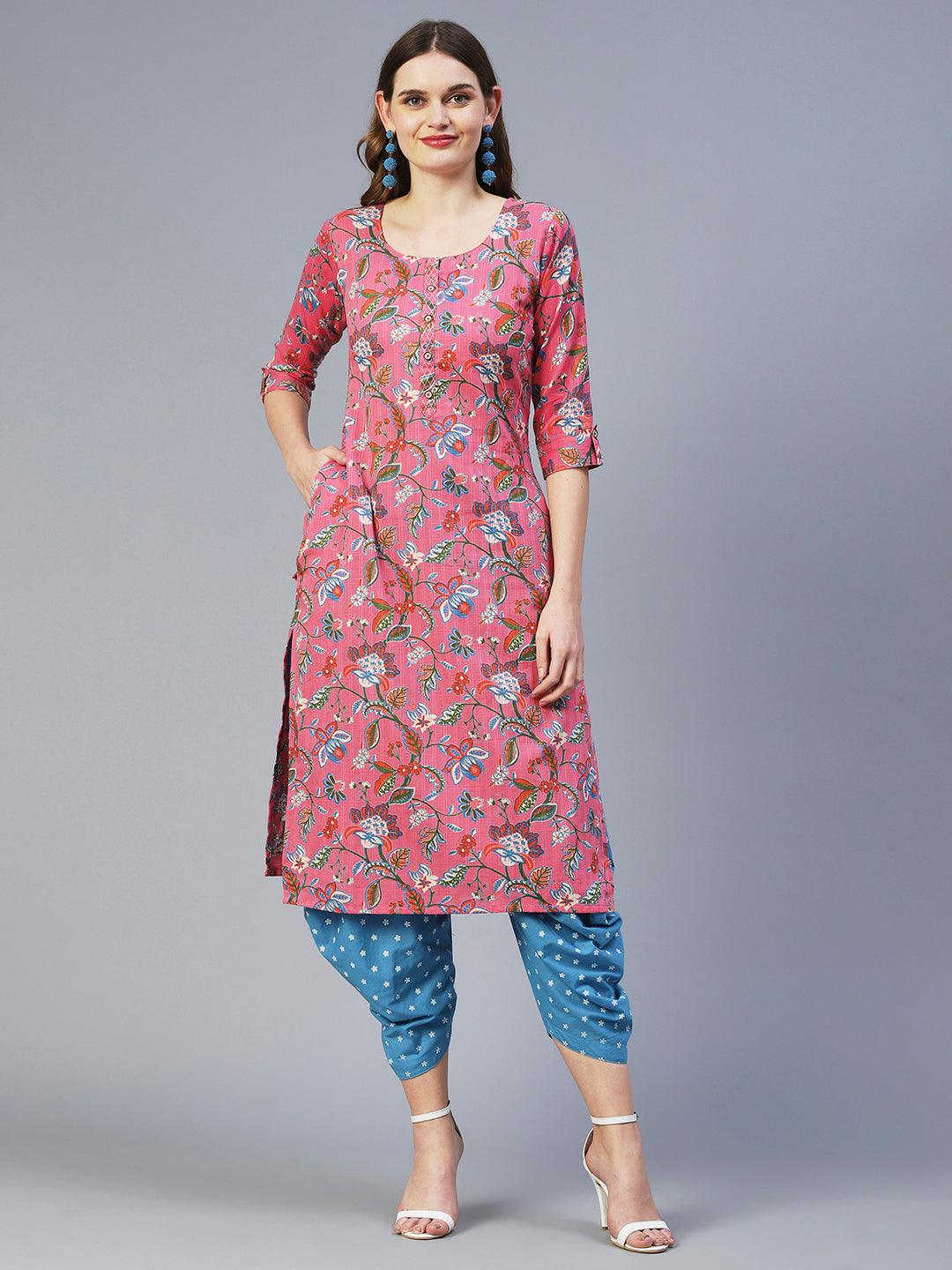 Floral Jaal Printed Kurta - Pink - Indiakreations