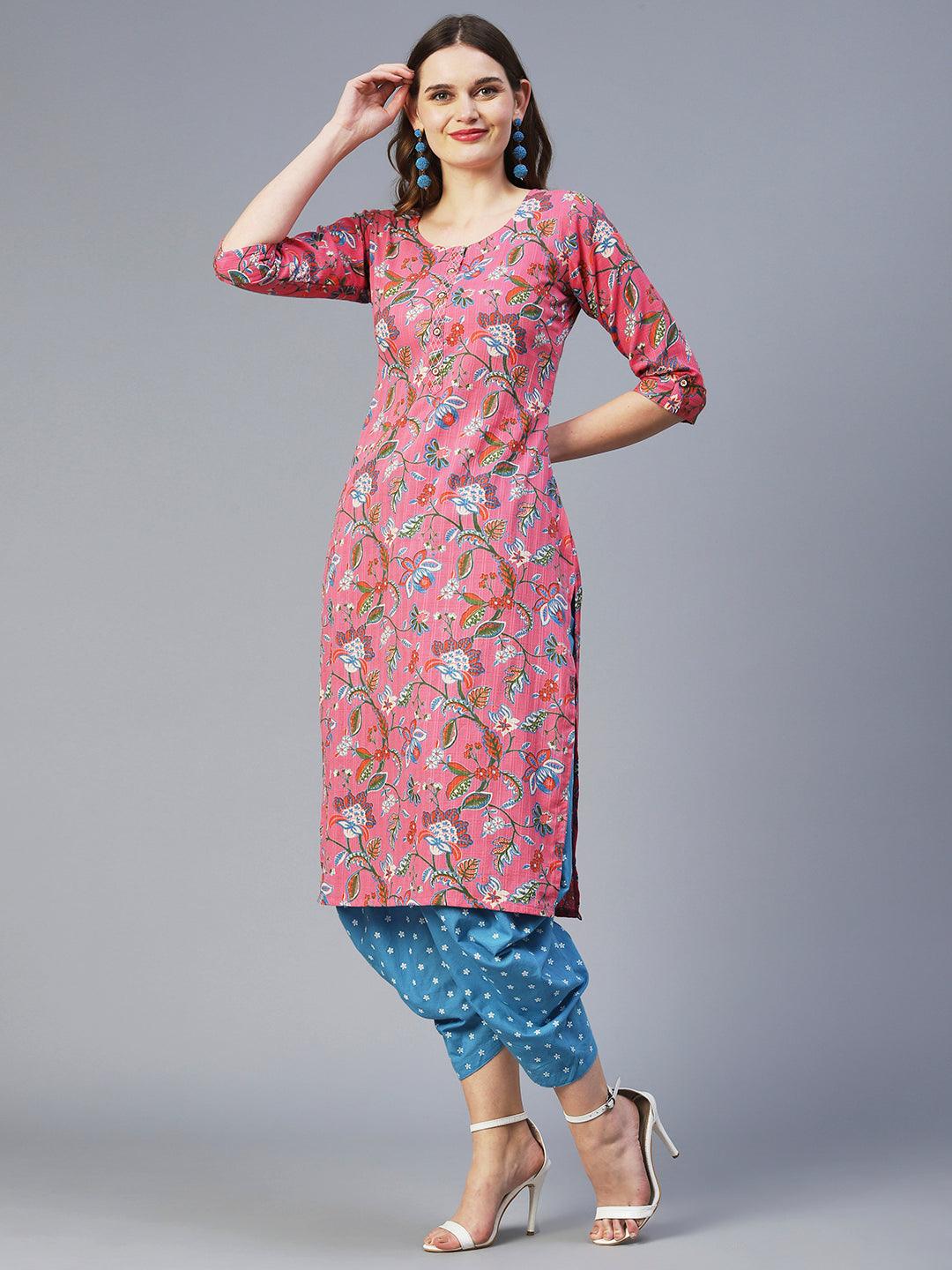 Floral Jaal Printed Kurta - Pink - Indiakreations