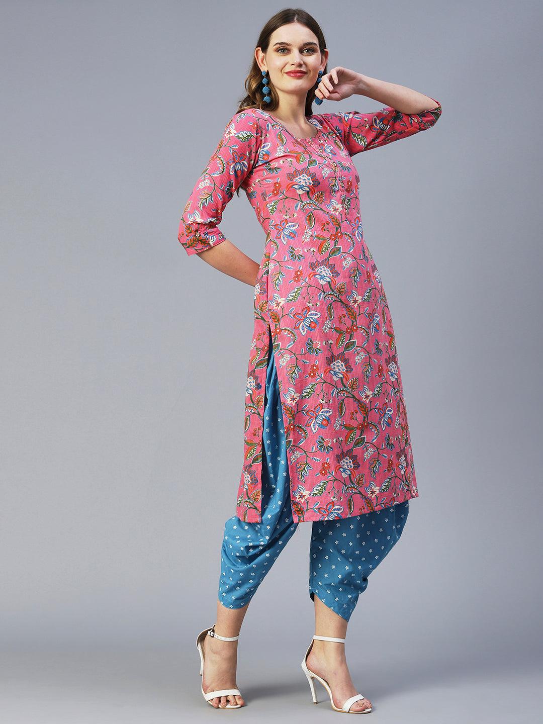 Floral Jaal Printed Kurta - Pink - Indiakreations