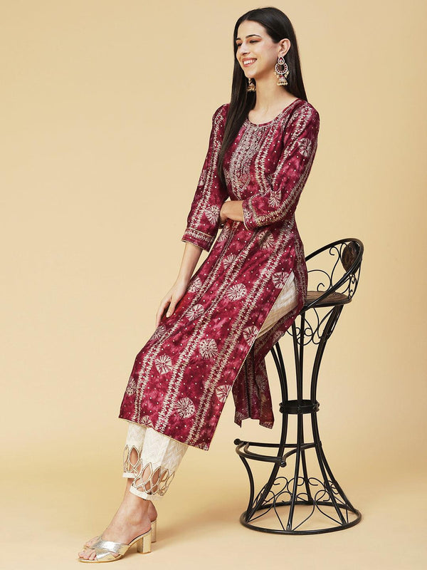 Bandhani Printed Zari Embroidered Kurta - Maroon - Indiakreations